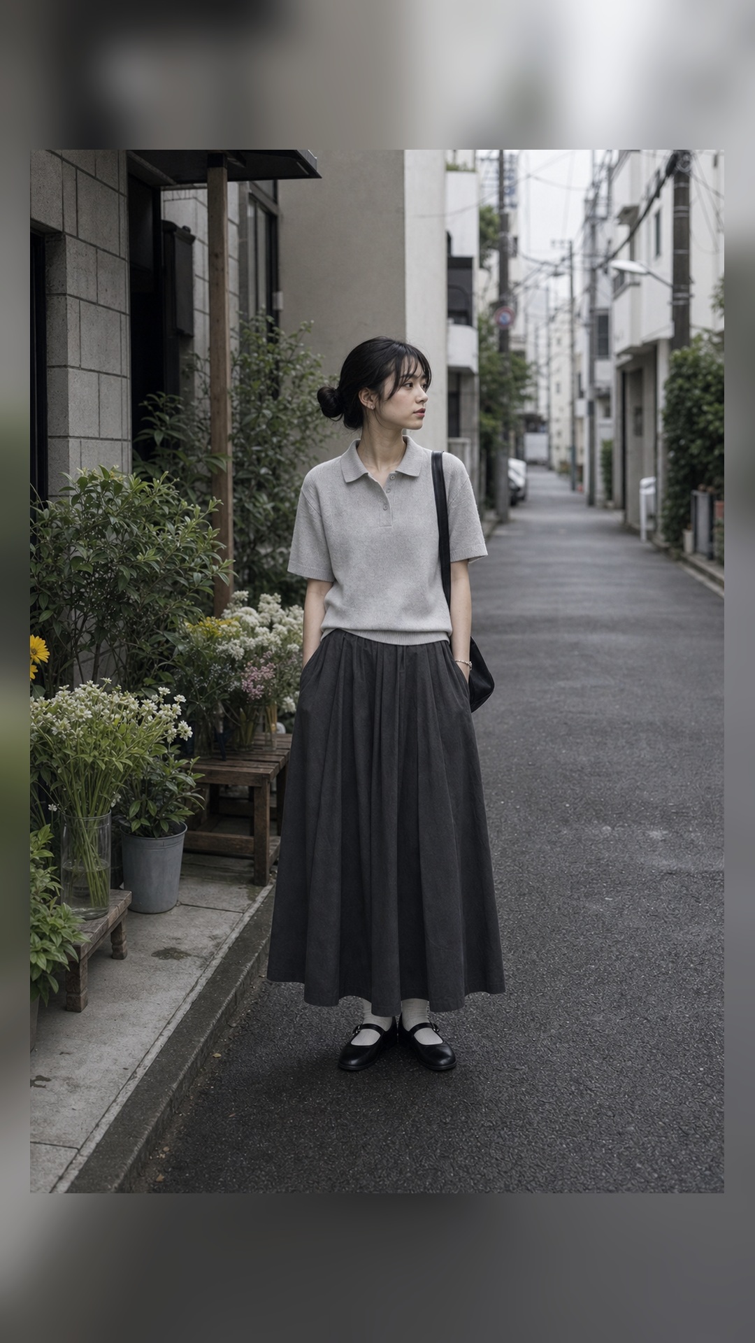 Grey knit and long skirt, editorial styling