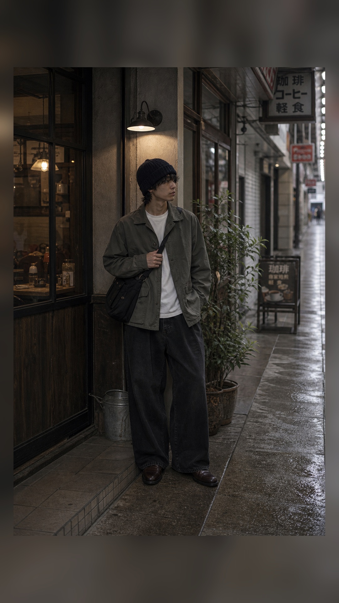 Utility jacket and wide denim, editorial styling